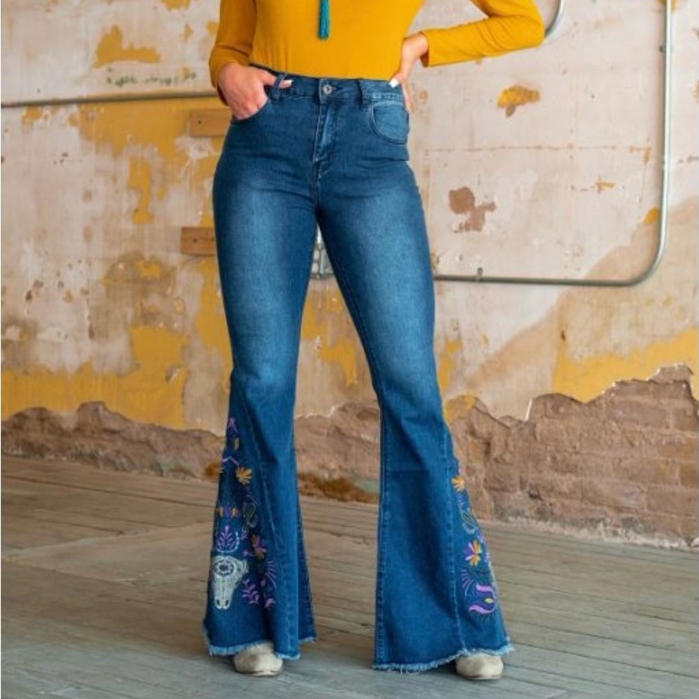 Lucky & Blessed Blue Embroidered Flare Jeans